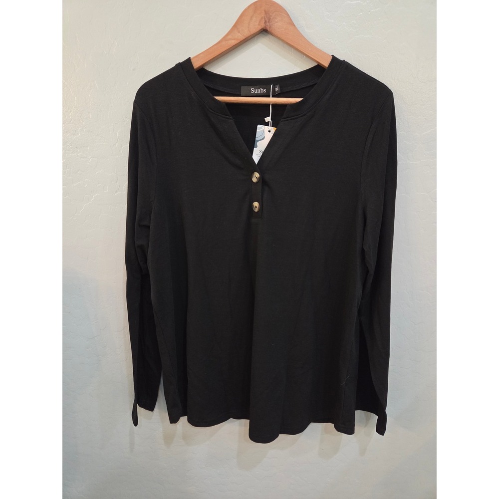 Sunbs Black Long Sleeve Henley Top Split Neck Two Button XL SZ250345 Blouse